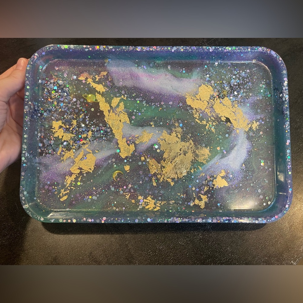 Handmade Colorful Glitter Resin Tray with Gold Accents